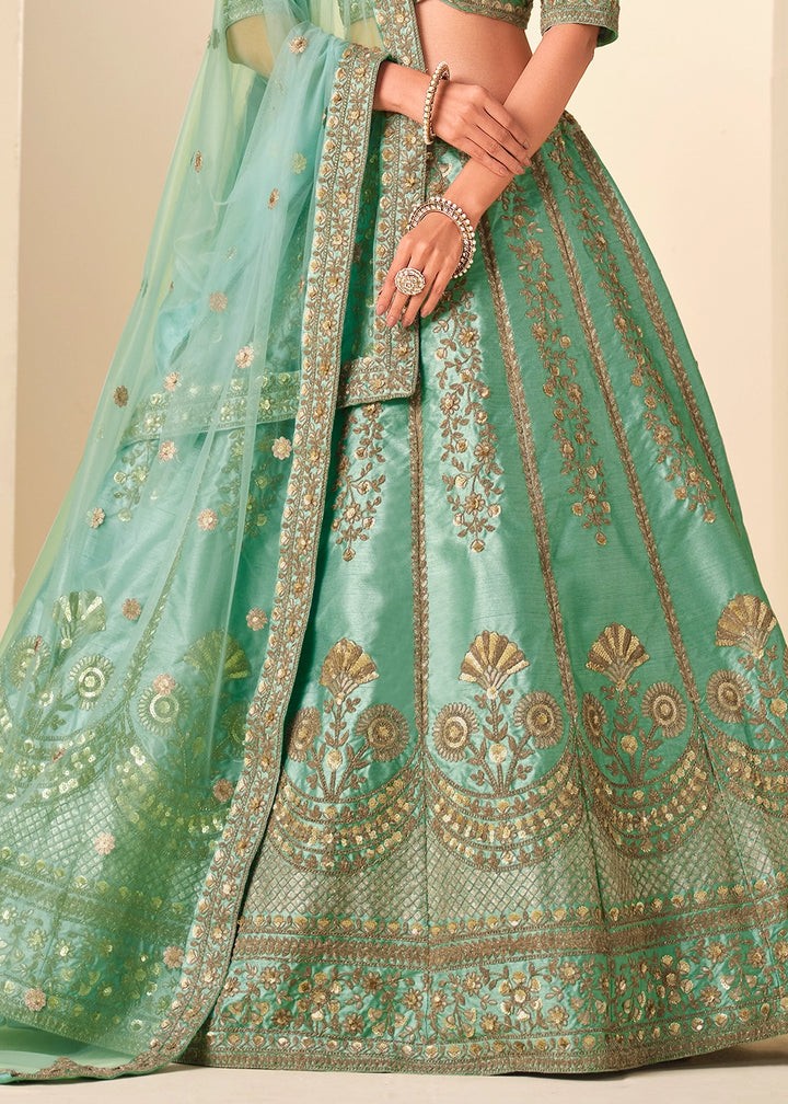 Sea Green Wedding Wear Silk Lehenga Choli with Embellished Detailing