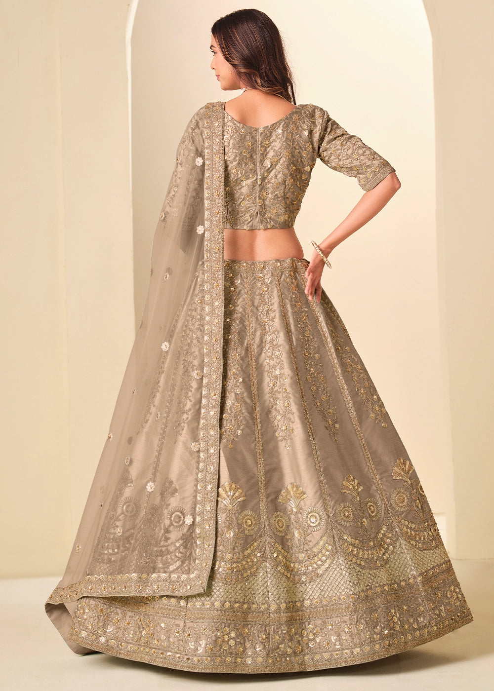Latte Brown Wedding Wear Silk Lehenga Choli with Embellished Detailing