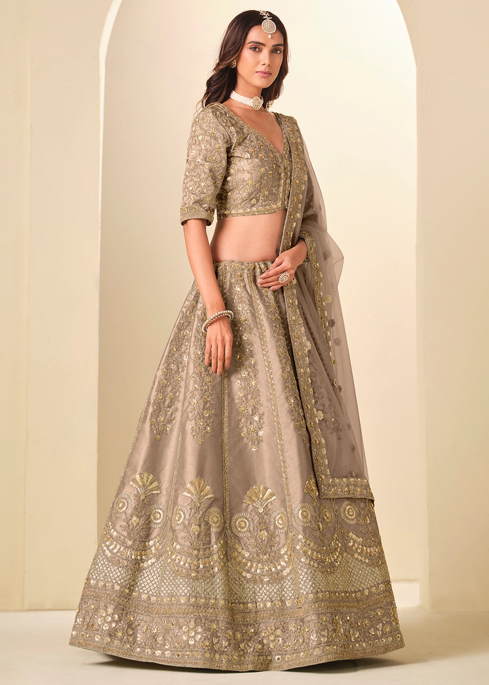Latte Brown Wedding Wear Silk Lehenga Choli with Embellished Detailing