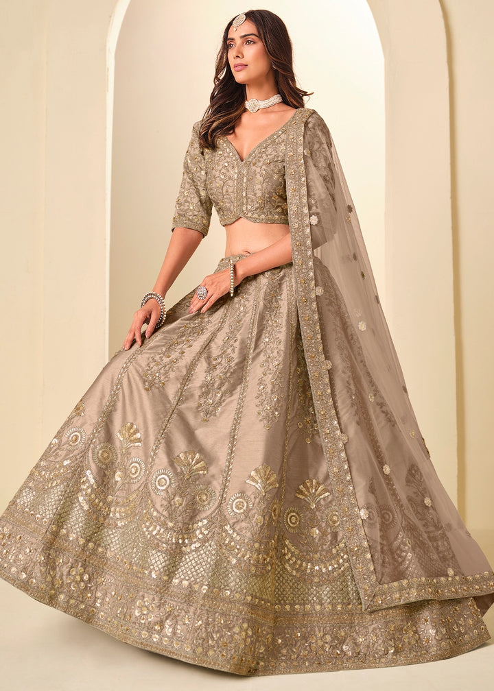 Latte Brown Wedding Wear Silk Lehenga Choli with Embellished Detailing