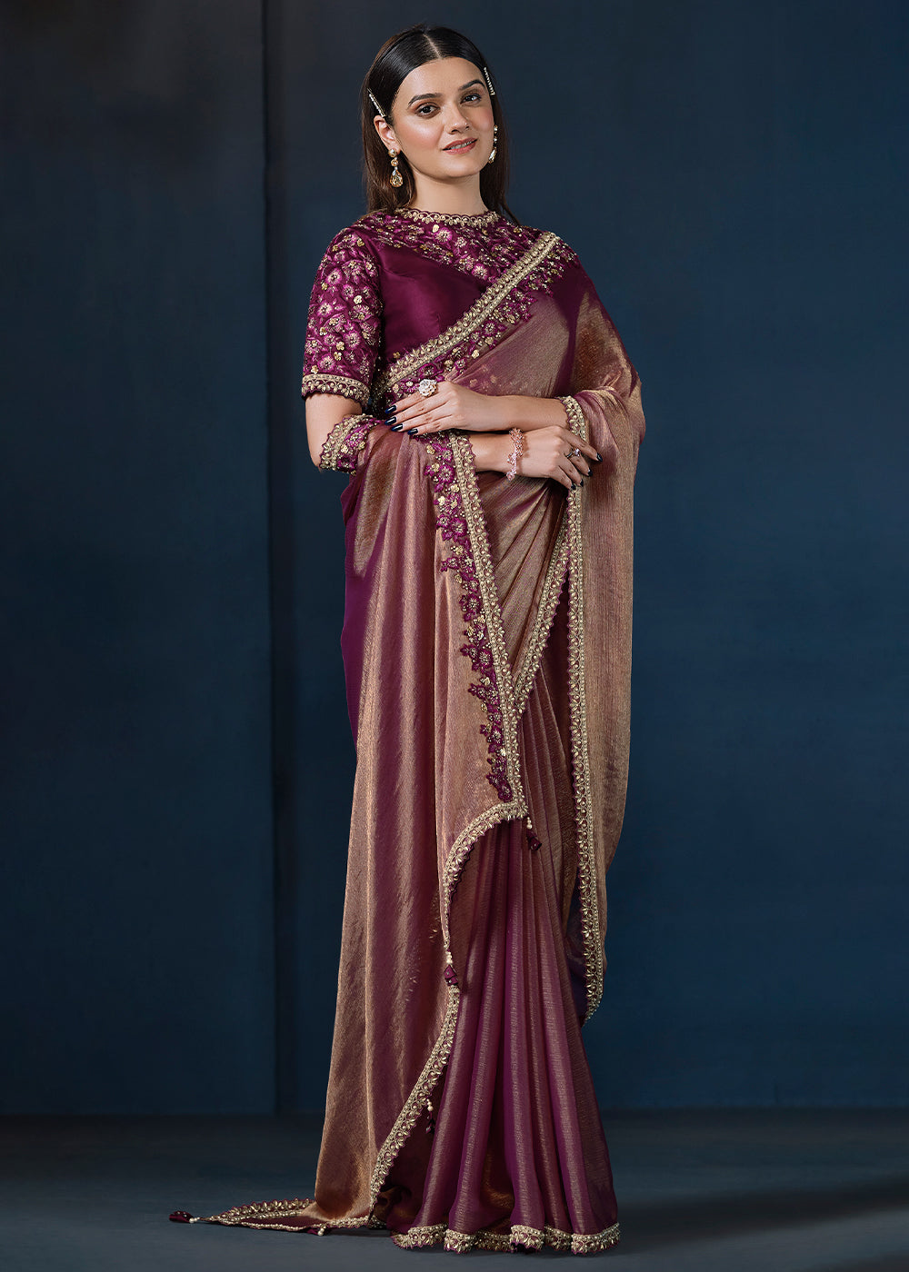 Shades Of Purple Crepe Satin Silk Saree with Elegant Handwork and Jari Details