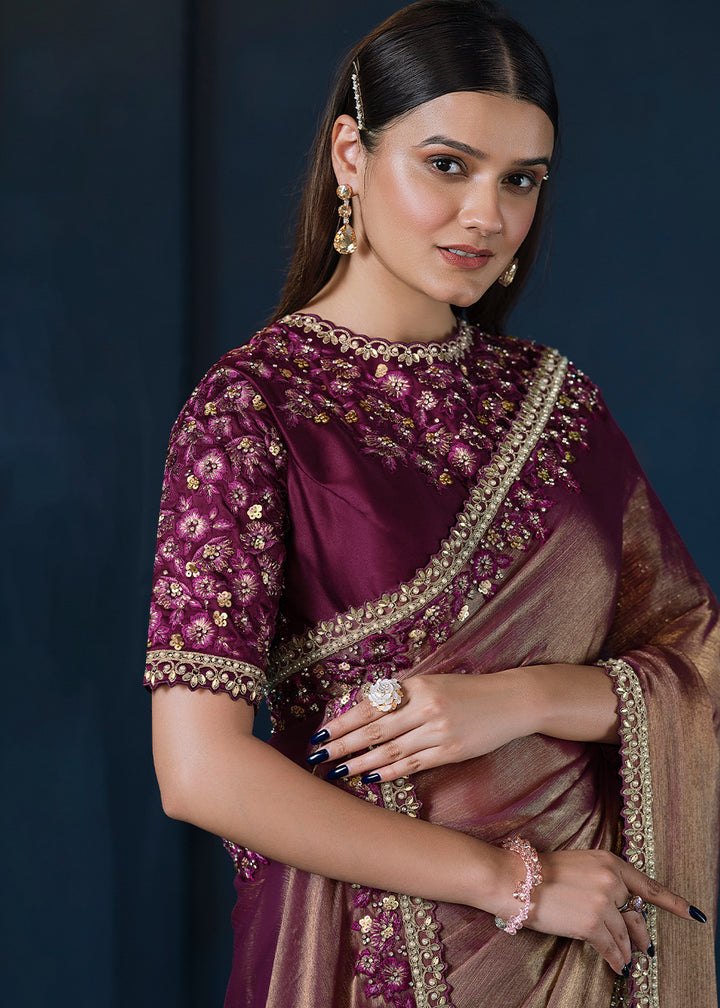 Shades Of Purple Crepe Satin Silk Saree with Elegant Handwork and Jari Details