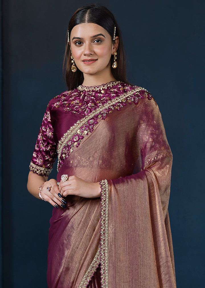 Shades Of Purple Crepe Satin Silk Saree with Elegant Handwork and Jari Details