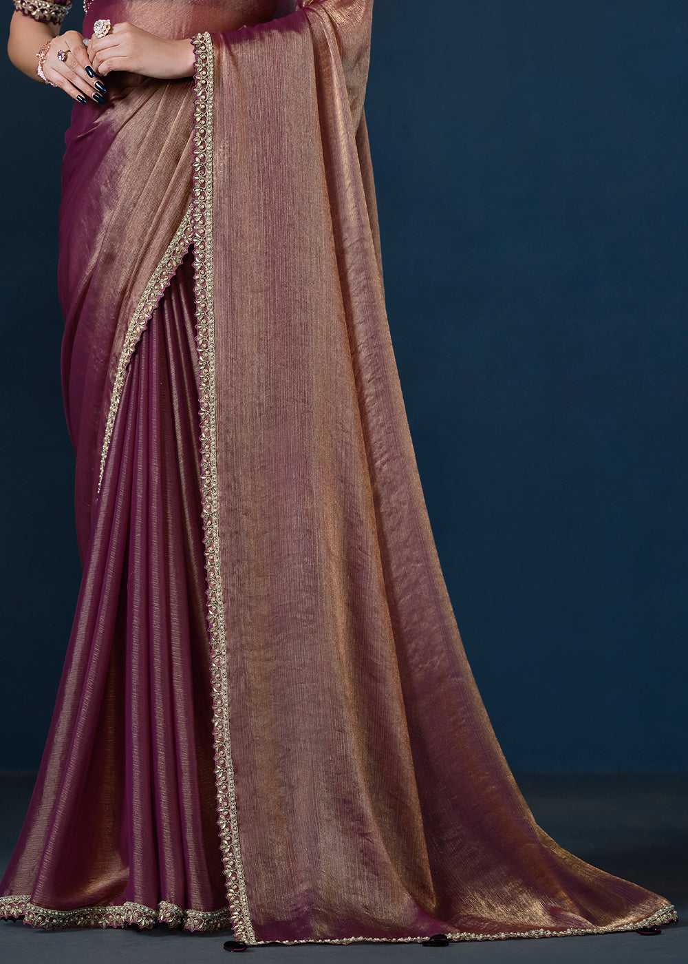 Shades Of Purple Crepe Satin Silk Saree with Elegant Handwork and Jari Details