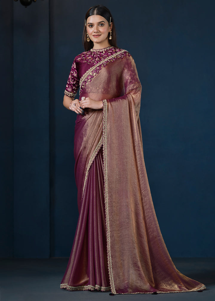 Shades Of Purple Crepe Satin Silk Saree with Elegant Handwork and Jari Details