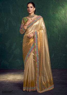 Dual Tones of Golden Tissue Silk Saree with Zari Weaving and Embroidered Blouse