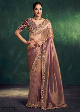 Shades Of Purple Kora Tissue Silk Saree with Zari Weaving and Embroidered Blouse