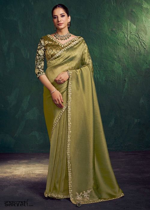 Light Green Tissue Silk Saree with Zari Weaving and Embroidered Blouse