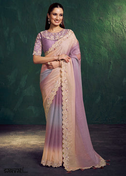 Purple & Beige Brown Georgette Saree with Embroidered Blouse