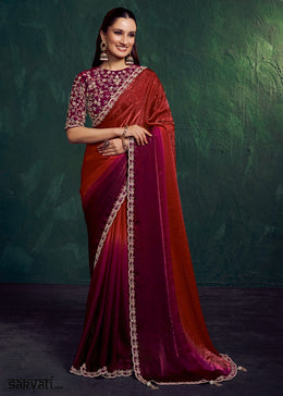 Red and Pink Shaded Satin Silk Saree with Designer Embroidered Blouse
