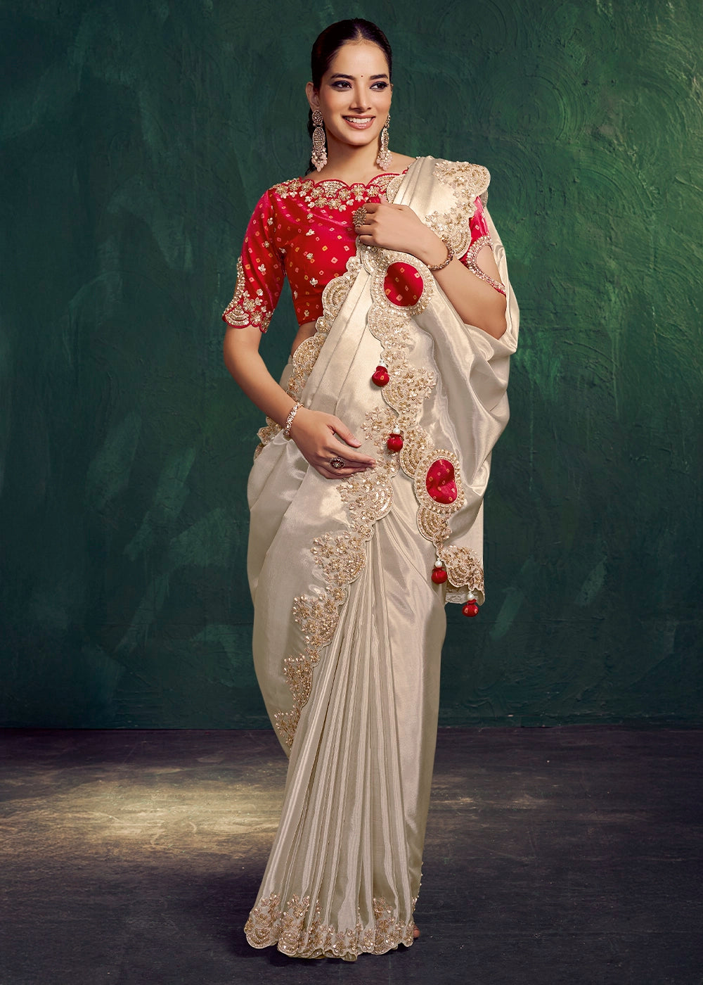 Cream White Uppada Silk Saree with Sequins and Stone Embellishment