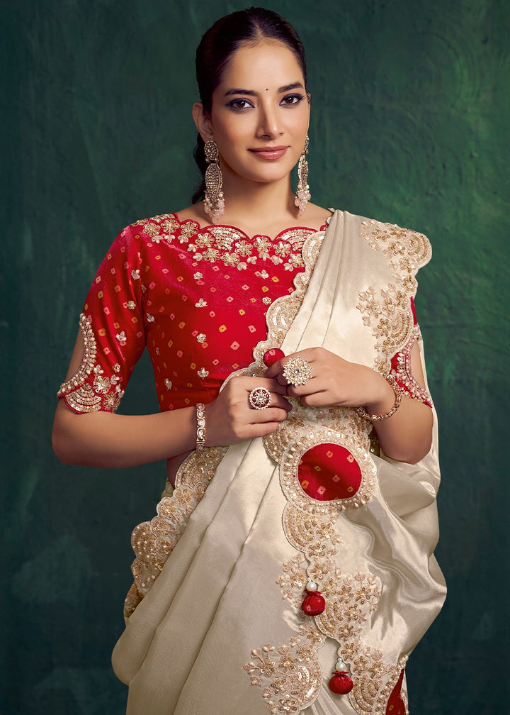 Cream White Uppada Silk Saree with Sequins and Stone Embellishment