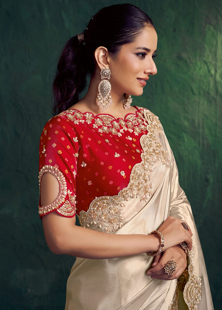 Cream White Uppada Silk Saree with Sequins and Stone Embellishment