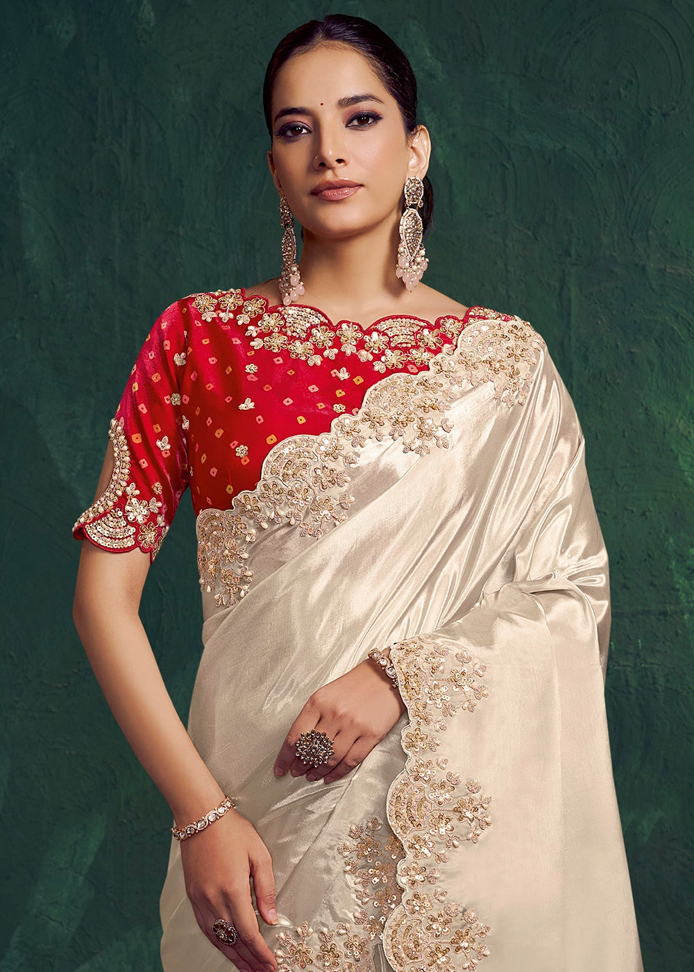 Cream White Uppada Silk Saree with Sequins and Stone Embellishment