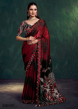 Shades Of Red Satin Silk Saree with Sequins and Beads Embellishment