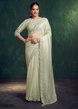 Shades Of Green Satin Silk Saree with Sequins and Pearls Embellishment