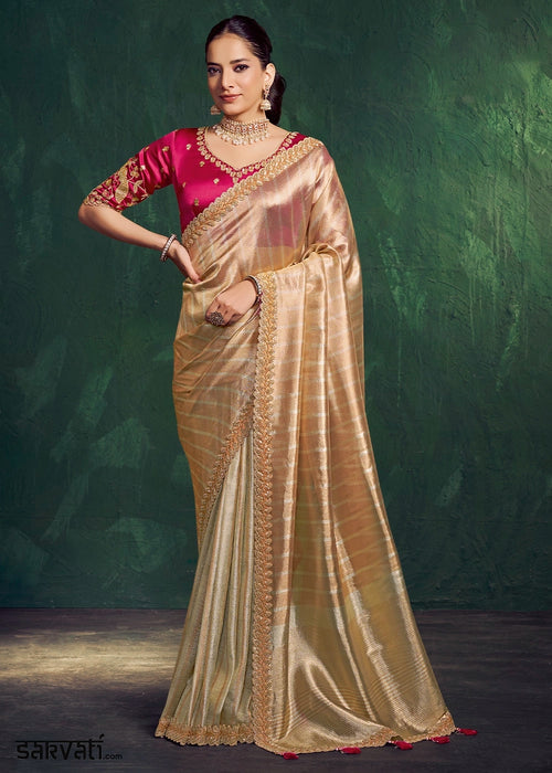 Shades of Golden Tissue Silk Saree with Zari Weaving and Embroidered Blouse