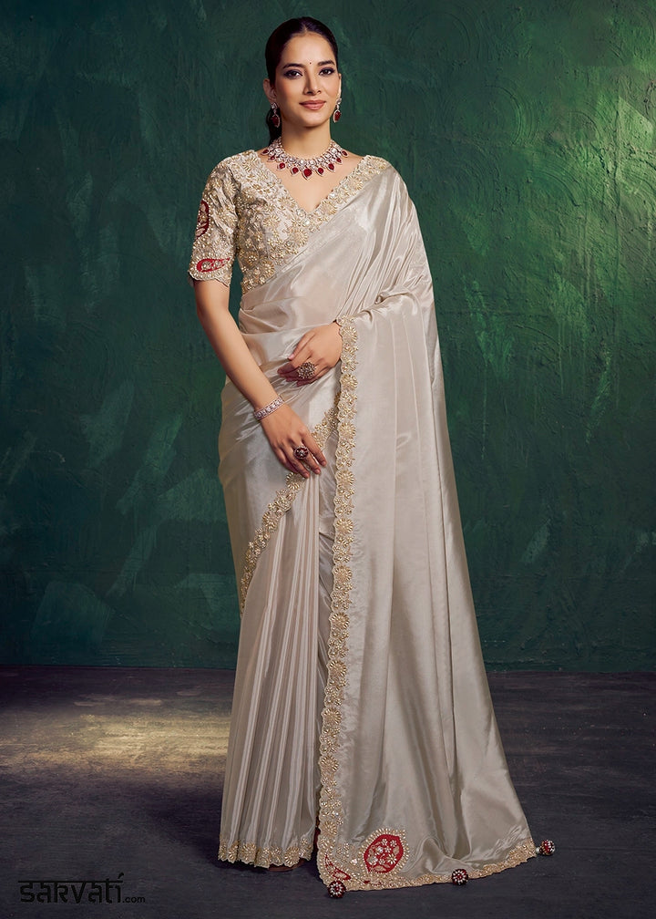 Platinum Grey Uppada Silk Saree with Multi Stone Embellishment