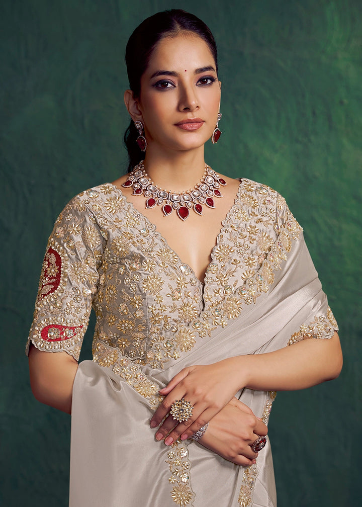 Platinum Grey Uppada Silk Saree with Multi Stone Embellishment