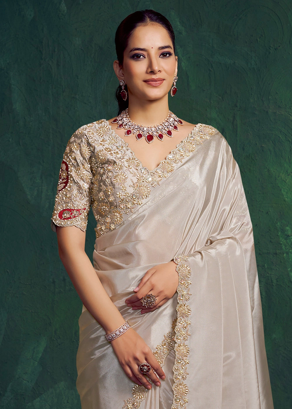 Platinum Grey Uppada Silk Saree with Multi Stone Embellishment