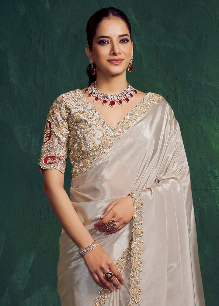 Platinum Grey Uppada Silk Saree with Multi Stone Embellishment