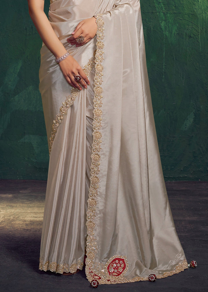 Platinum Grey Uppada Silk Saree with Multi Stone Embellishment