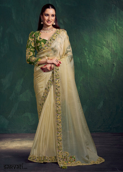Cream White Shimmer Tissue Saree with Designer Embroidery Blouse