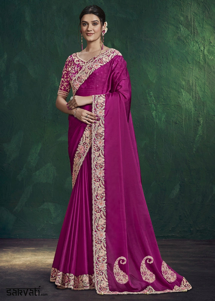 Magenta Purple Crepe Georgette Silk Saree with Embroidered Blouse