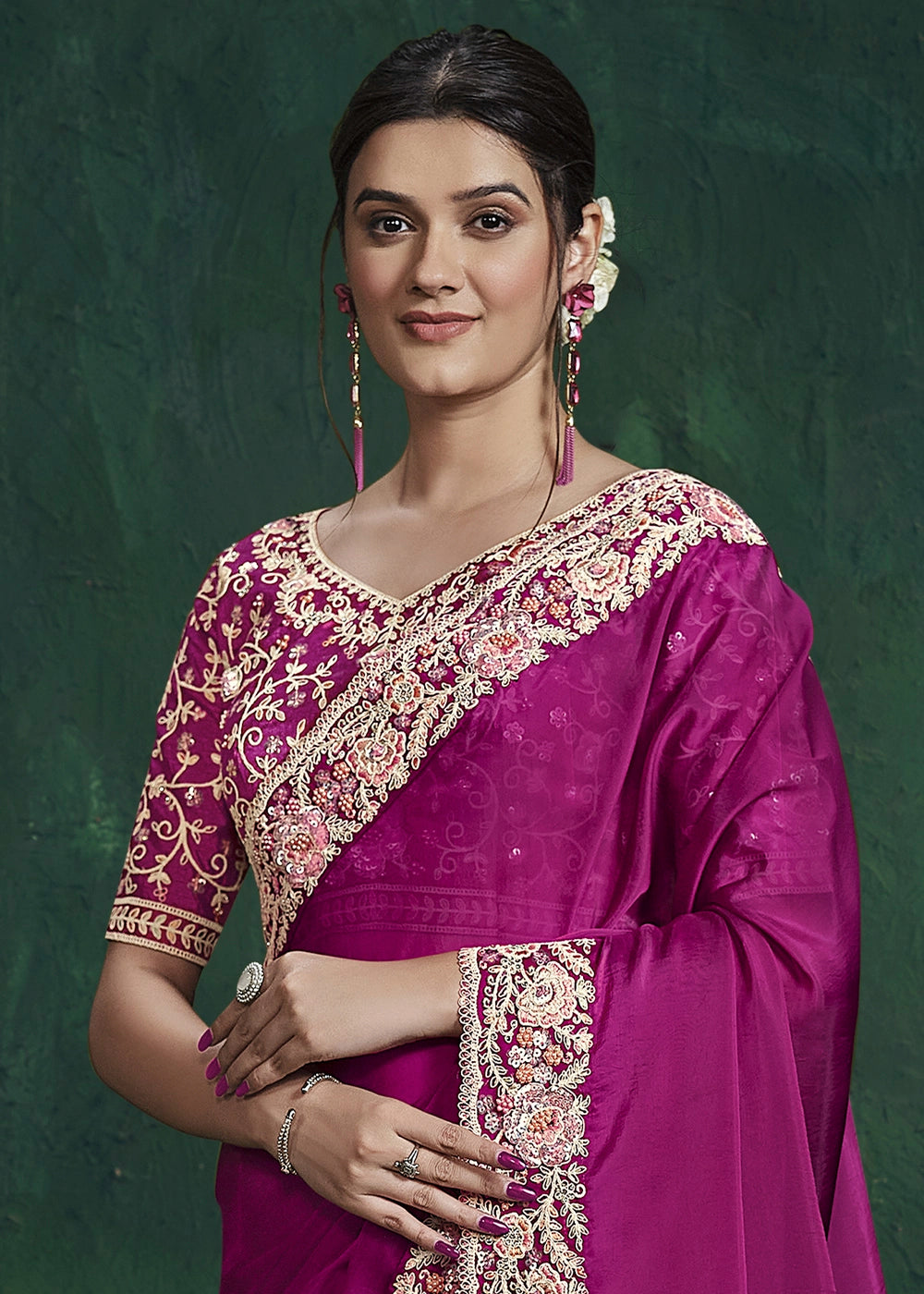 Magenta Purple Crepe Georgette Silk Saree with Embroidered Blouse