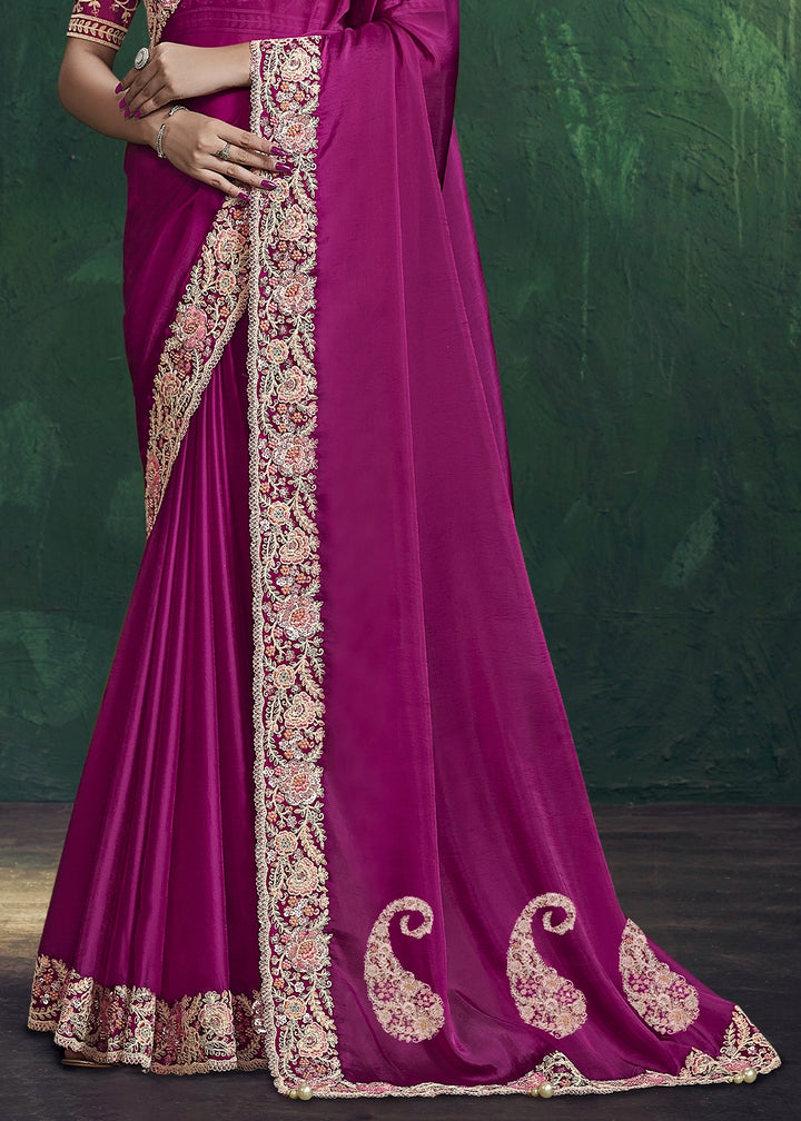 Magenta Purple Crepe Georgette Silk Saree with Embroidered Blouse
