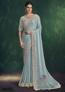 Light Blue Shimmer Two Tone Satin Silk Saree with Embroidered Blouse