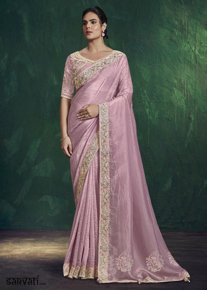 Light Lilac Purple Crepe Silk Saree with Embroidered Blouse