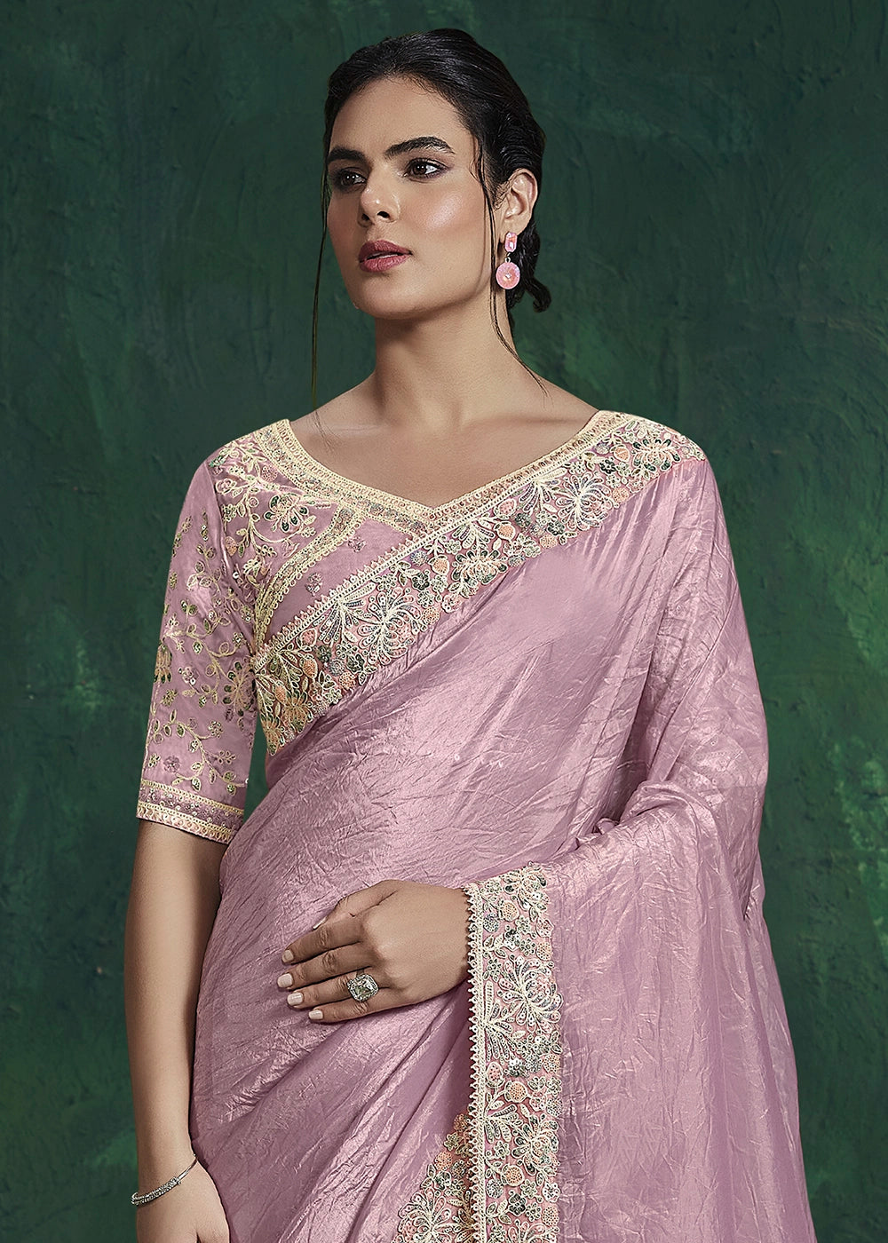 Light Lilac Purple Crepe Silk Saree with Embroidered Blouse