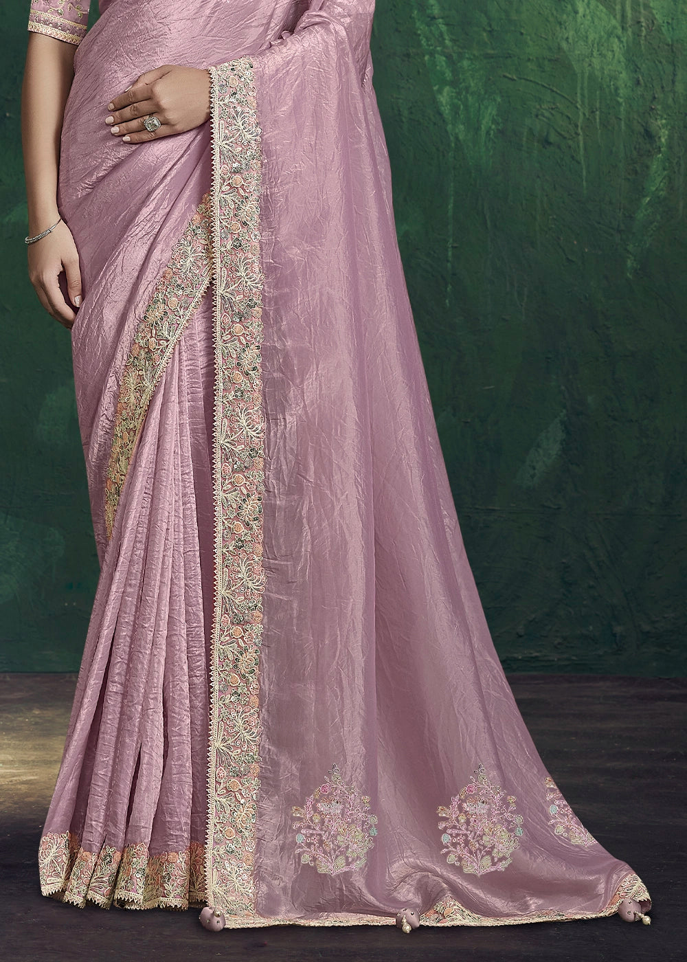 Light Lilac Purple Crepe Silk Saree with Embroidered Blouse