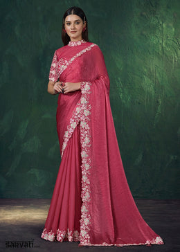 Brink Pink Two Tone Satin Silk Saree with Embroidered Blouse