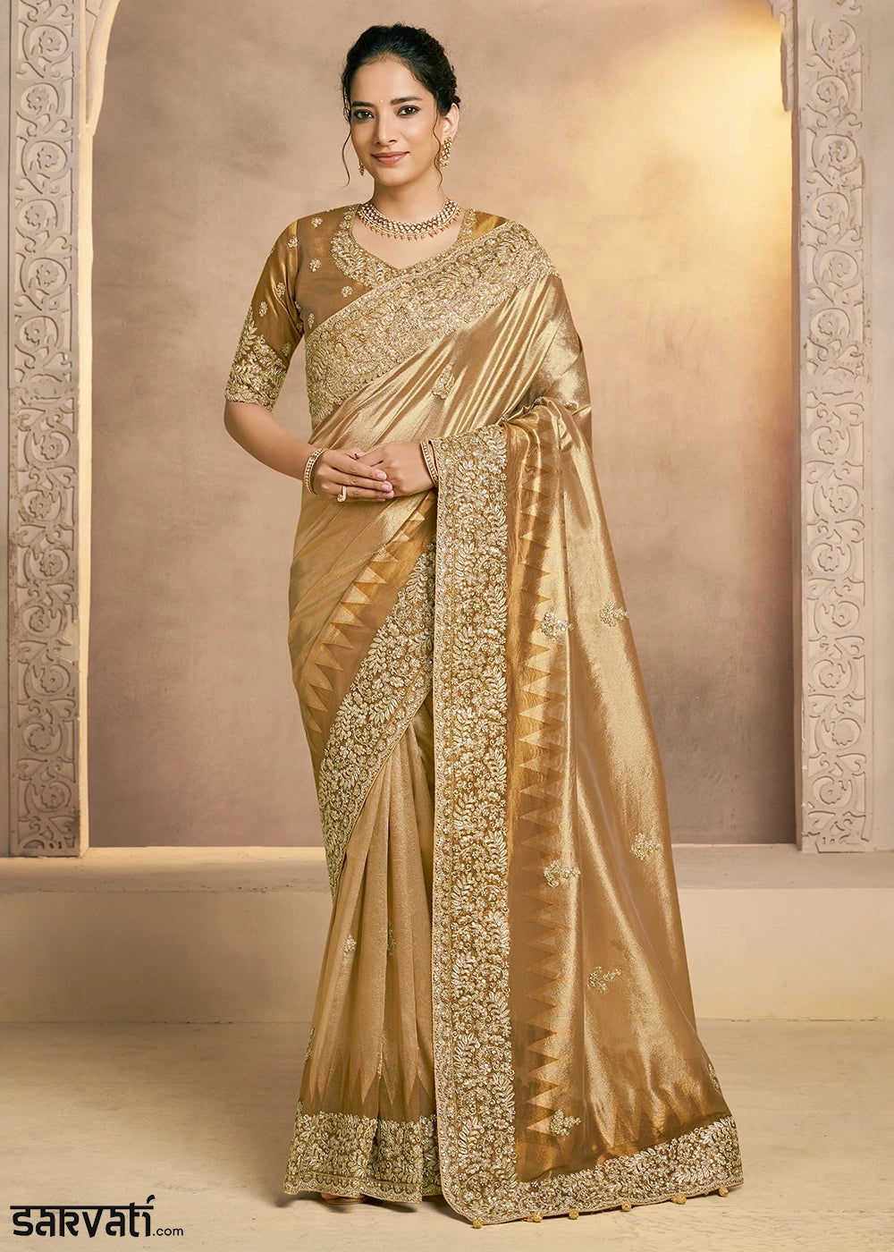 Golden Brown Kora Silk Saree with Zardosi & Sequin Work