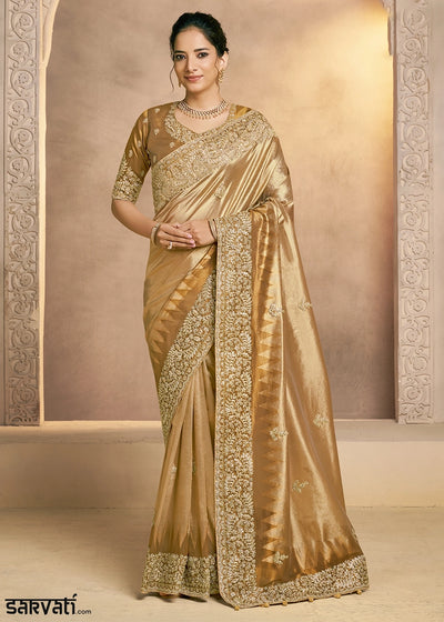 Golden Brown Kora Silk Saree with Zardosi & Sequin Work