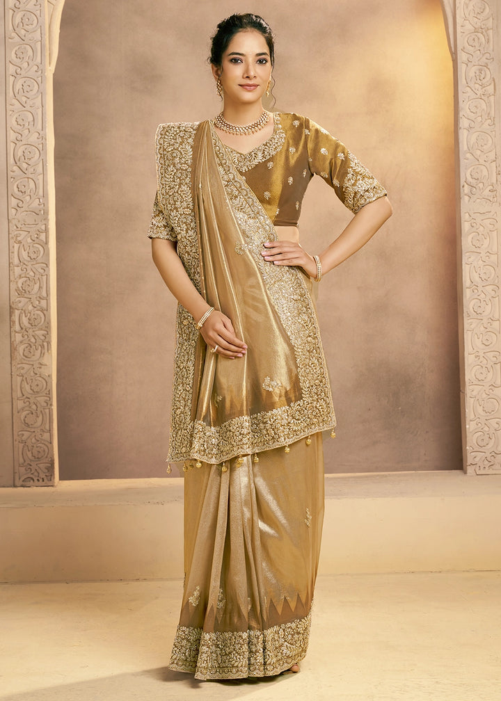 Golden Brown Kora Silk Saree with Zardosi & Sequin Work