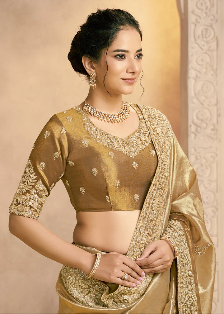 Golden Brown Kora Silk Saree with Zardosi & Sequin Work
