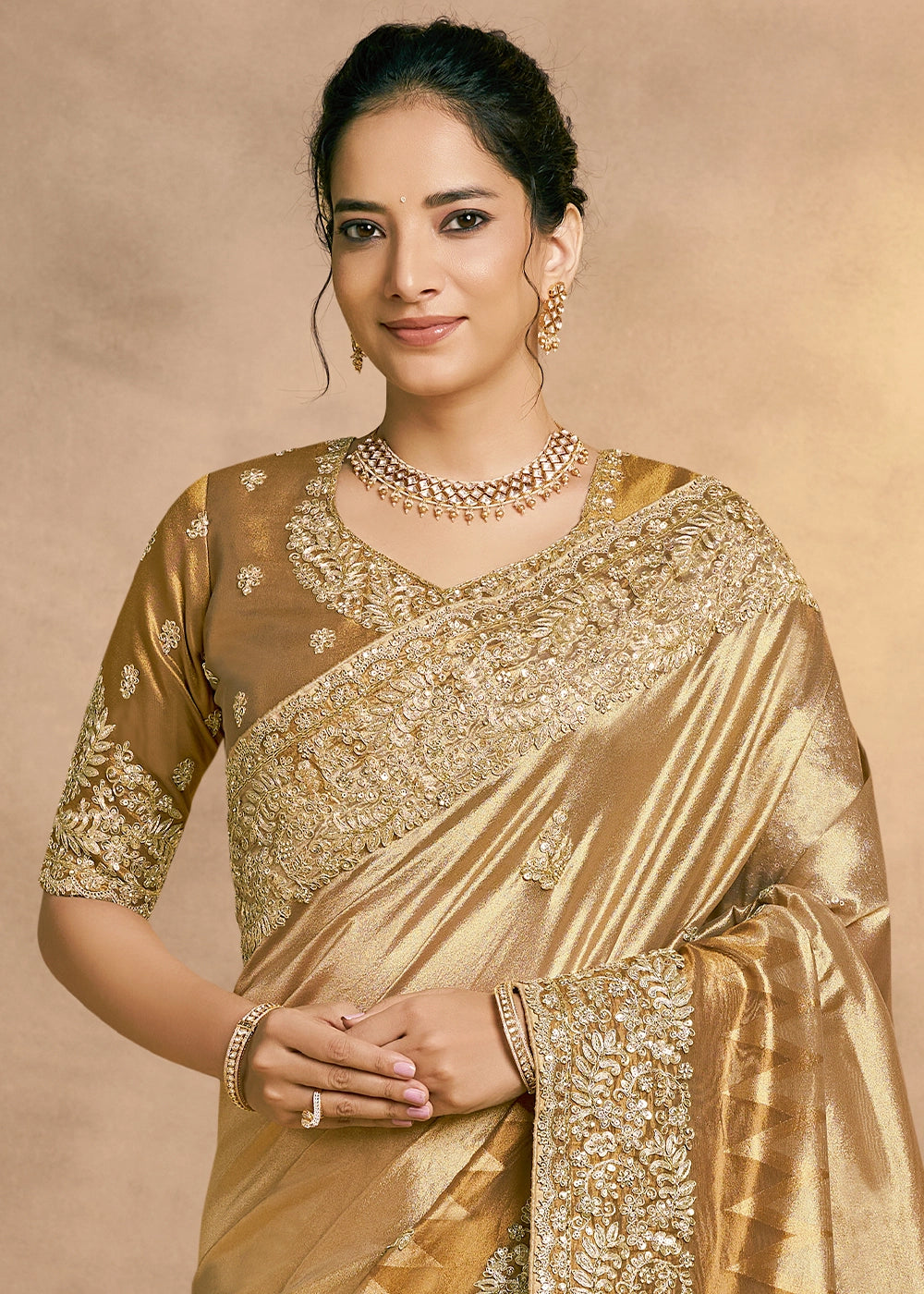 Golden Brown Kora Silk Saree with Zardosi & Sequin Work