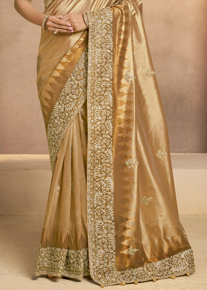 Golden Brown Kora Silk Saree with Zardosi & Sequin Work