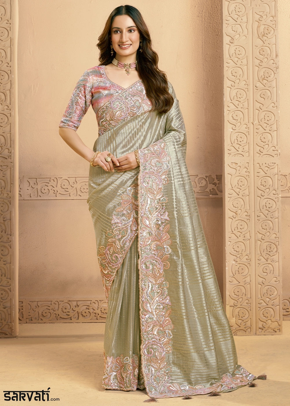 Tea Green Tissue Silk Saree with Swarovski & Sequin Work