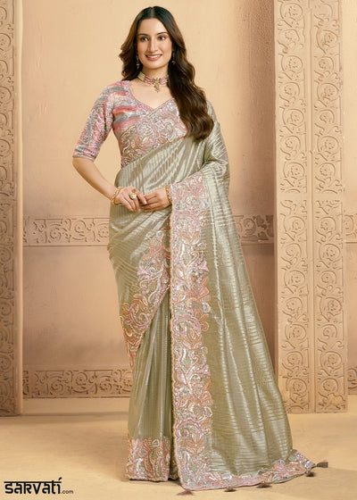 Tea Green Tissue Silk Saree with Swarovski & Sequin Work