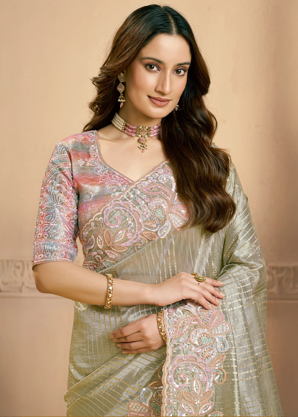 Tea Green Tissue Silk Saree with Swarovski & Sequin Work