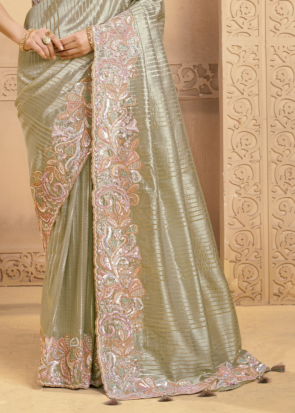 Tea Green Tissue Silk Saree with Swarovski & Sequin Work