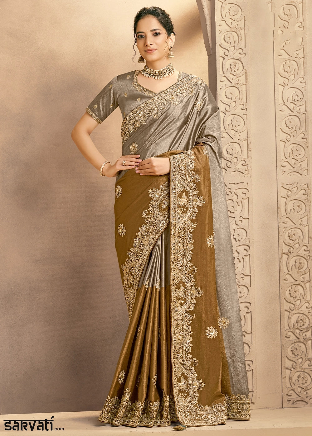 Grey & Brown Kora Silk Saree with Zardosi & Cutdana Work