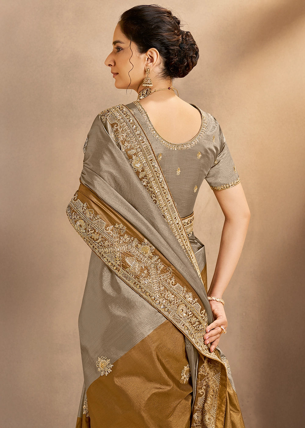 Grey & Brown Kora Silk Saree with Zardosi & Cutdana Work