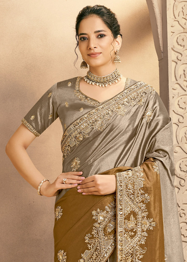 Grey & Brown Kora Silk Saree with Zardosi & Cutdana Work
