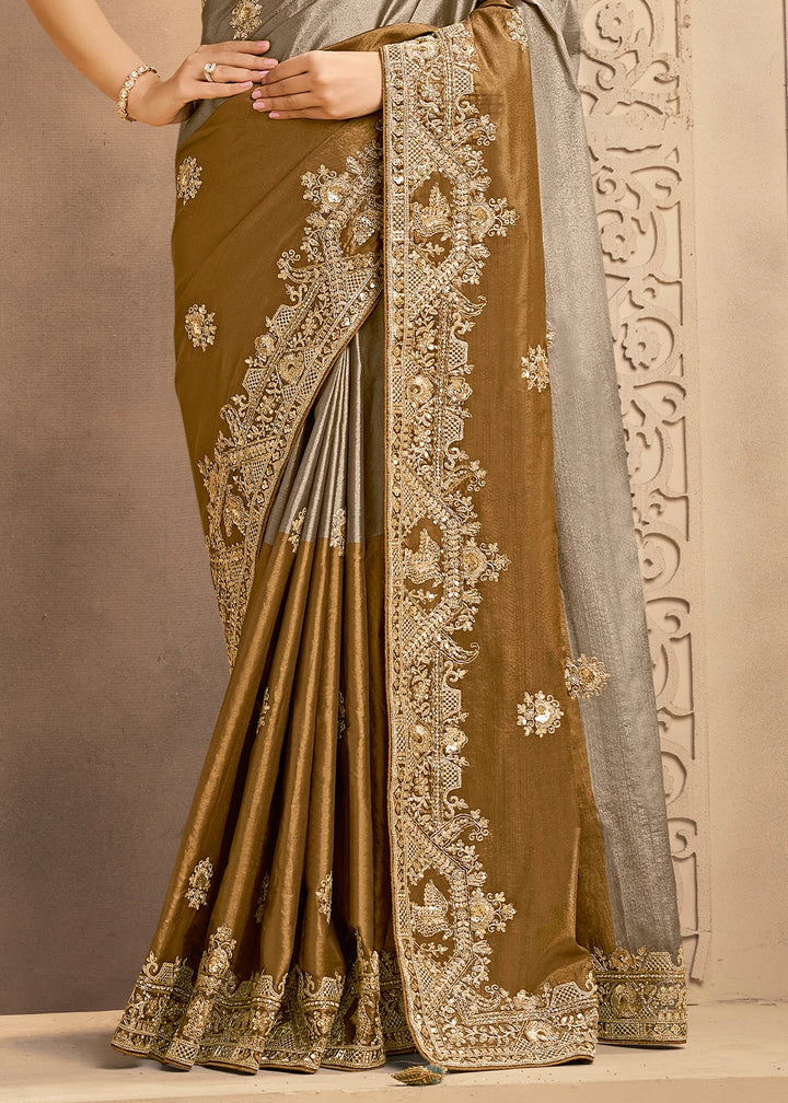 Grey & Brown Kora Silk Saree with Zardosi & Cutdana Work