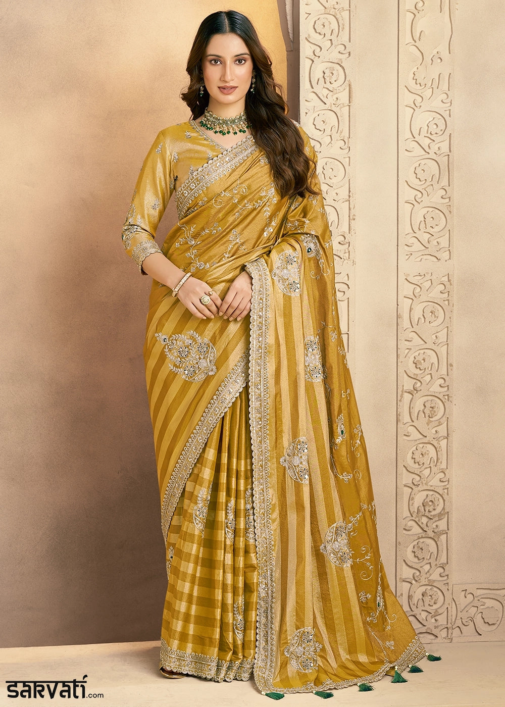 Mustard Yellow Kanjivaram Silk Saree with Aari & Sequin Work